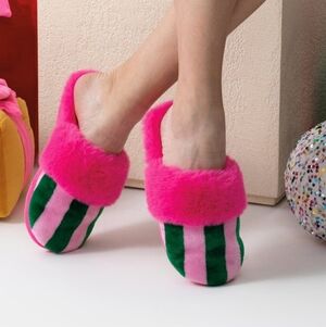 Shiraleah Felicity Stripe Slippers Pink & Green Faux Fur (S/M)